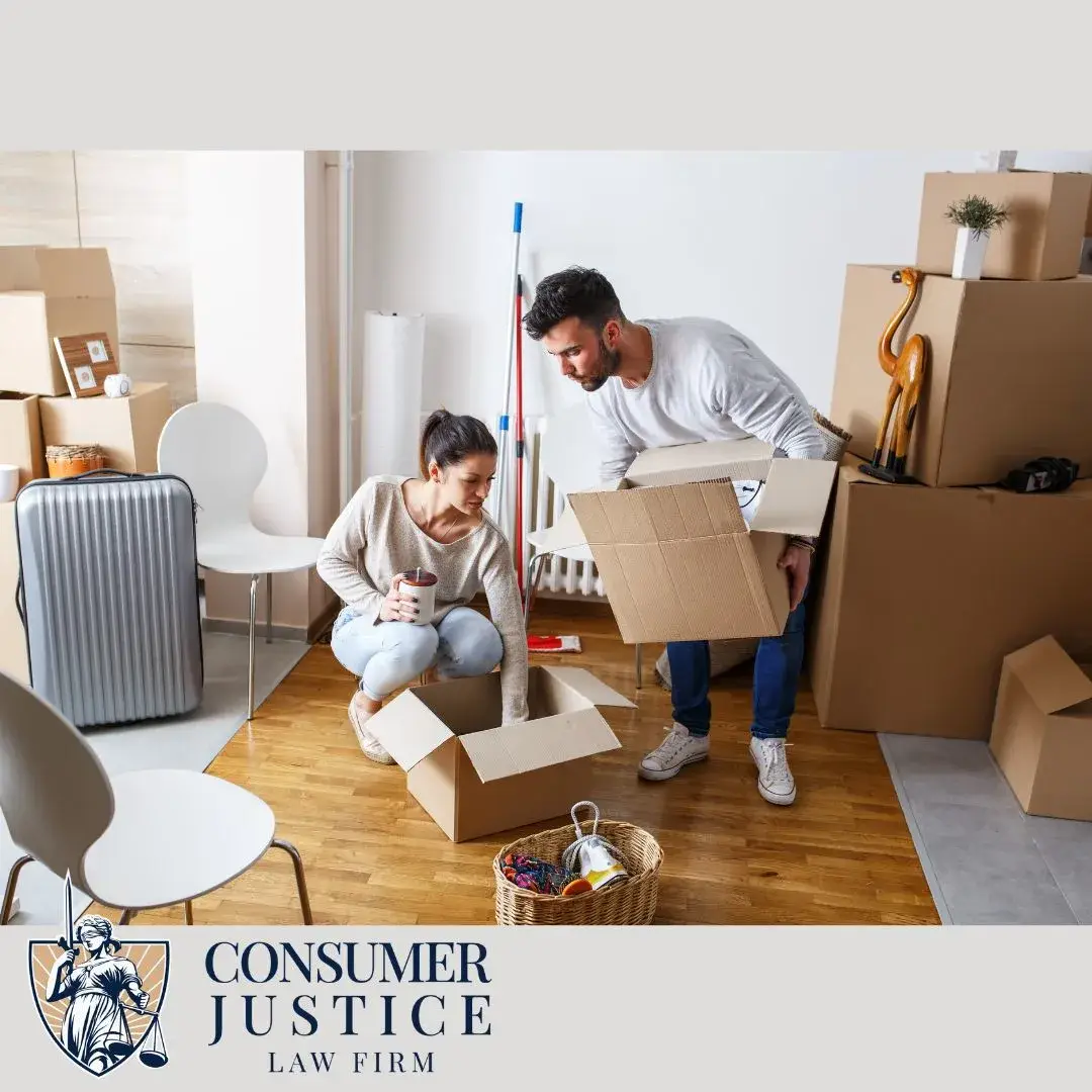 A couple unpacks boxes in a new rental. It conveys that clearing errors on a TransUnion SmartMove report is critical.
