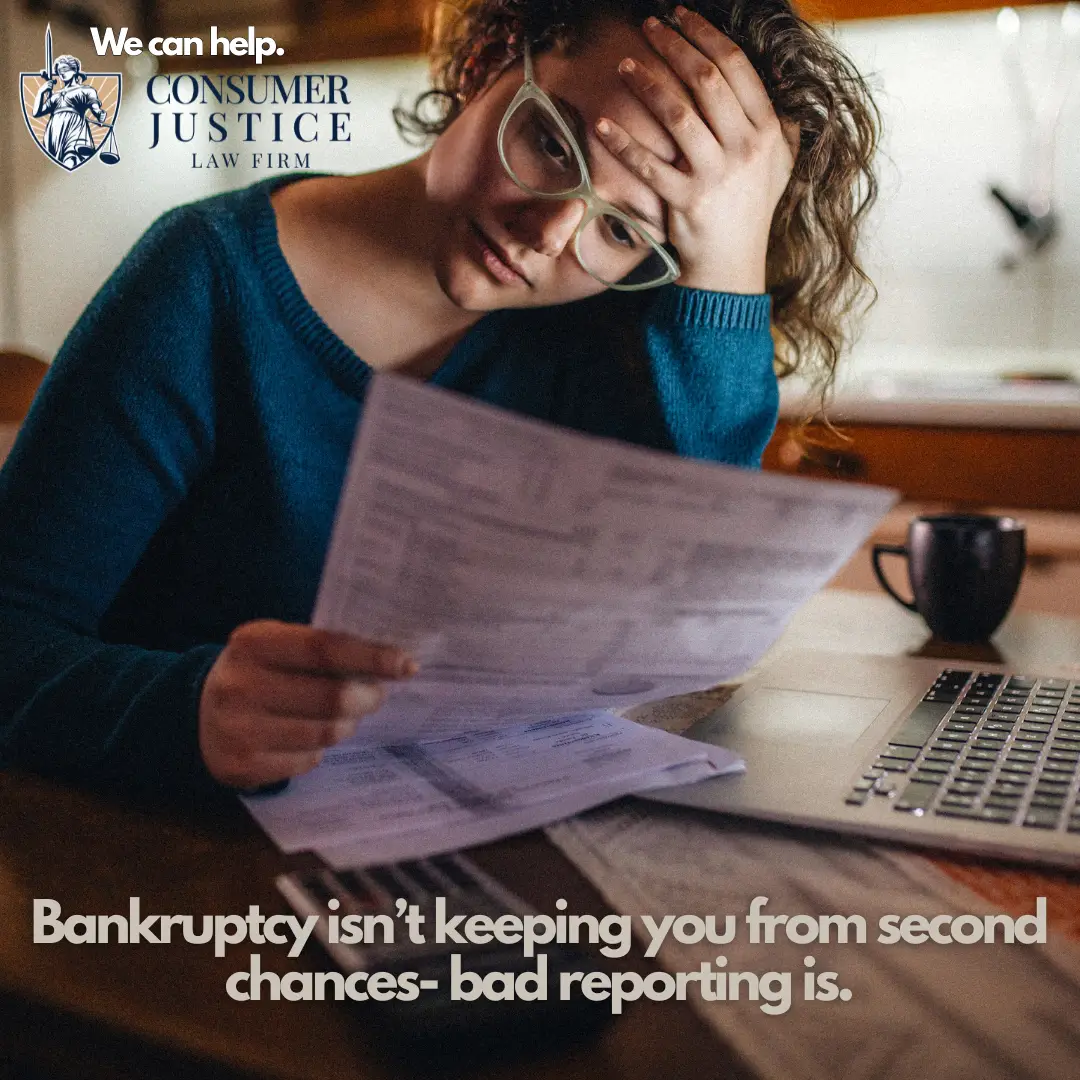 A woman reviews her bankruptcy credit report. It conveys the need to work with Consumer Justice Law Firm to recover and thrive.