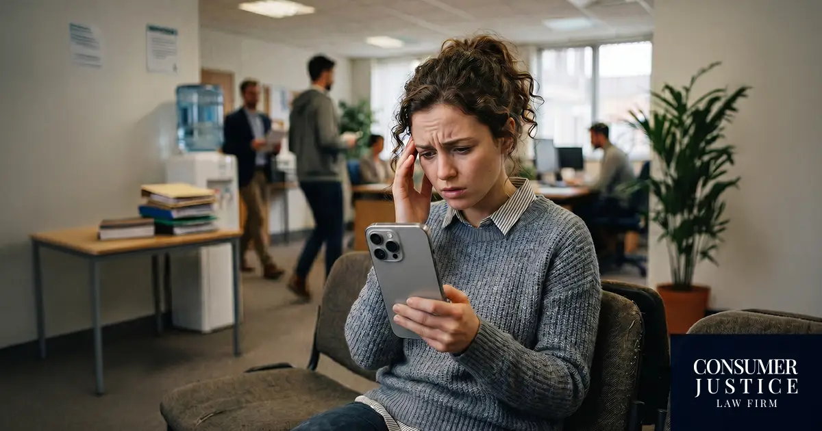 A woman looks worried after checking her background screening report.