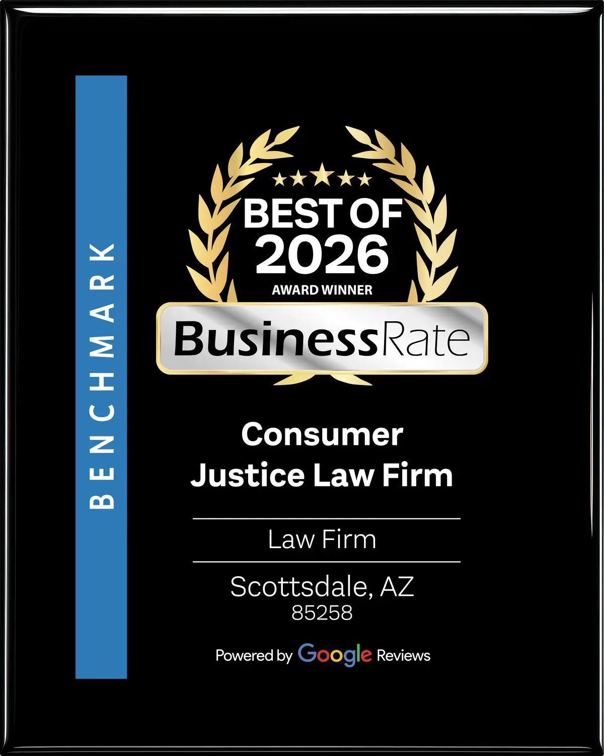 An award plague shows Best of 2026 to Consumer Justice Law Firm.