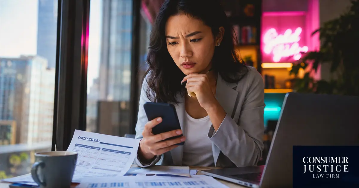 A woman looks concerned reviewing common credit report errors.
