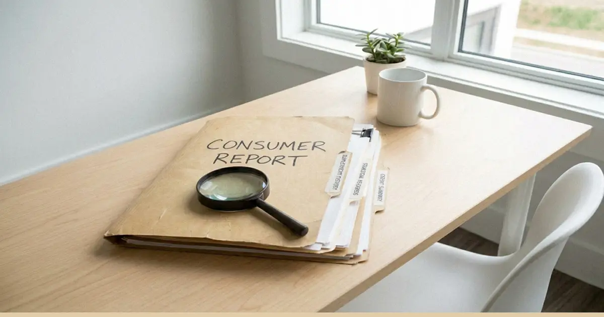 A stack of folders shows different types of consumer report.