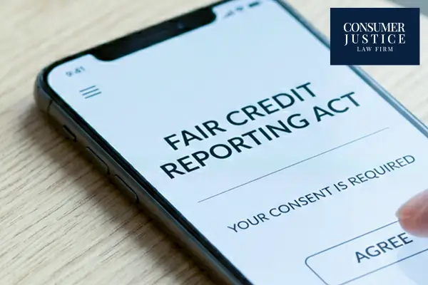 A phone screen shows a page on FCRA authorization rights.