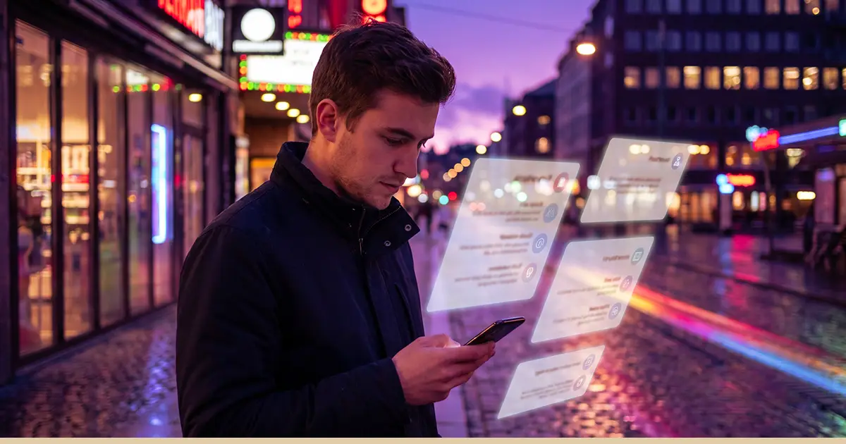A man on the street reviews his free background check report.