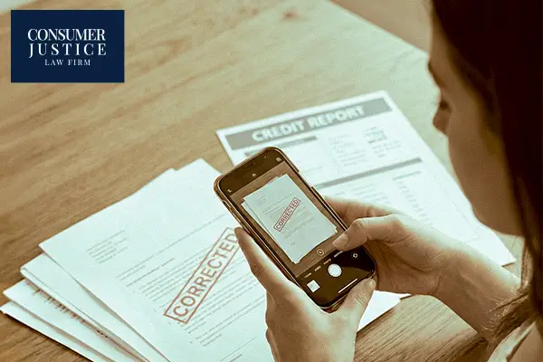 A woman reviews her credit report after an error has been fixed.