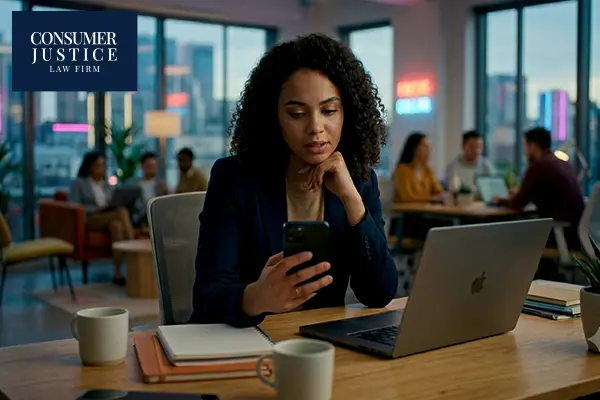 A woman checks her credit report on her phone.