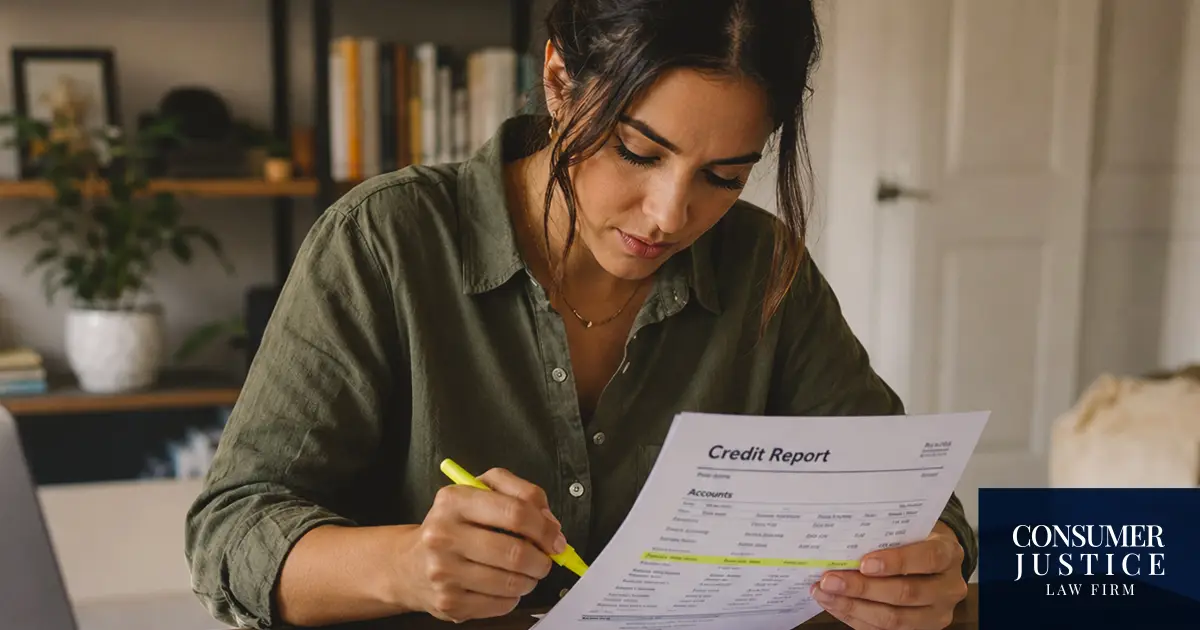 A woman marks errors on a credit report.