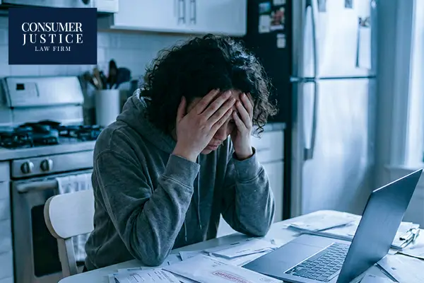 A woman is exhausted from debt collection harassment.