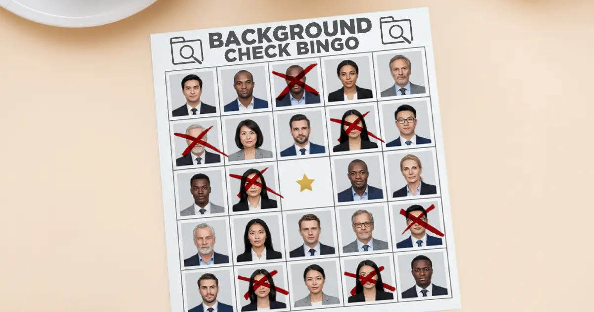 A bingo card shows incorrect background check possibilities.