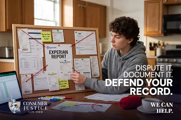 A woman organizes the evidence for her Experian dispute.