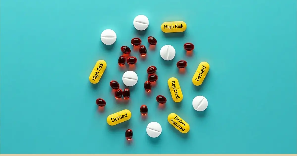 Pills labeled "denied" show how Milliman IntelliScript errors are harmful.
