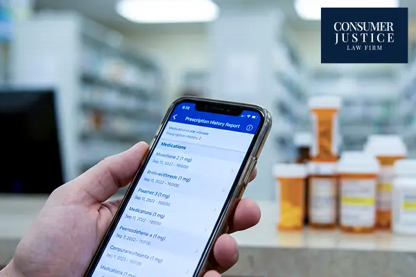 A phone shows a prescription history report.
