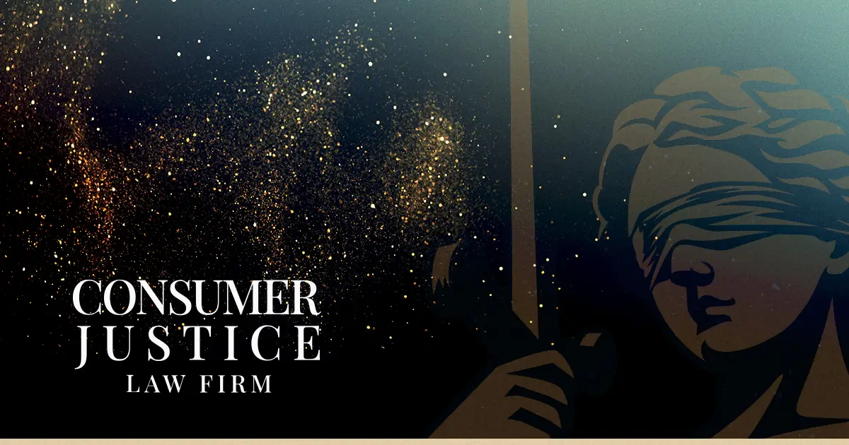 The Consumer Justice Law Firm logo with celebratory glitter.