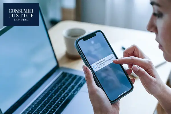A woman gets an identity theft alert on her phone.