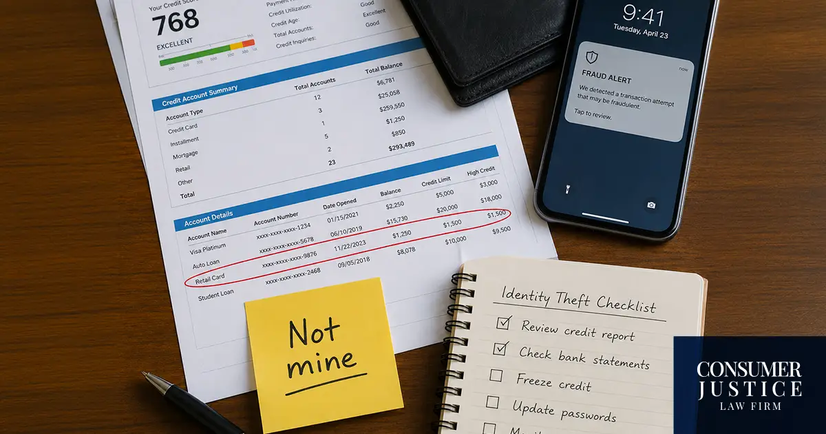 A desk contains marked up papers indicating identity theft.
