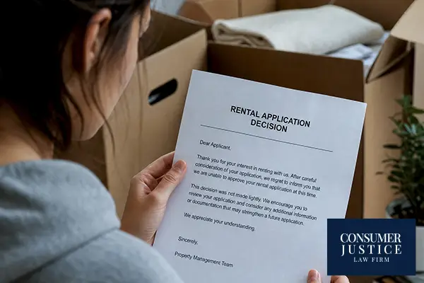 A renter reads a rental rejection letter based on her tenant screening report.