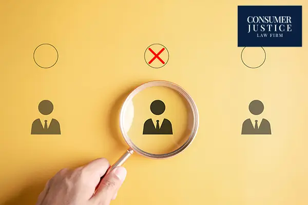 A magnifying glass hovers on a rejected job candidate.