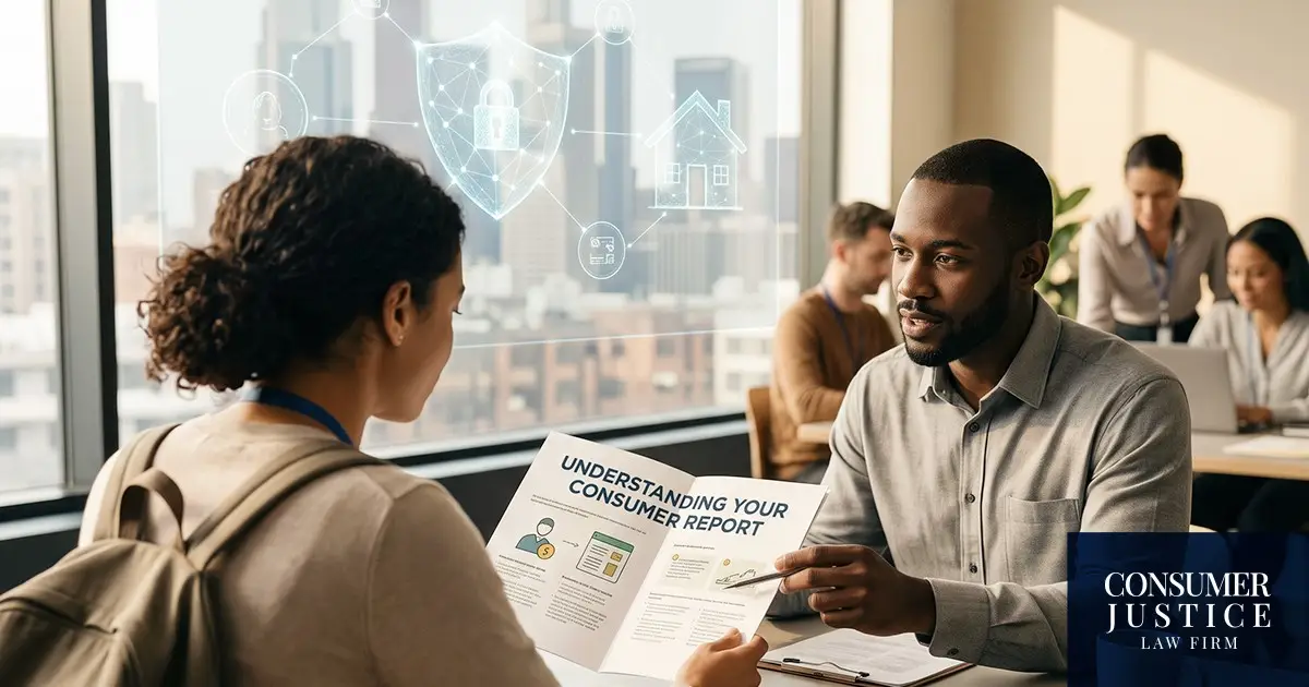 Someone explains a report from a consumer reporting agency.