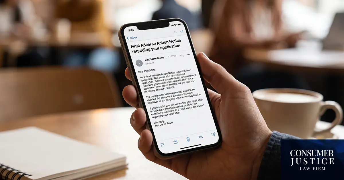 A phone shows an adverse action notice in hiring.