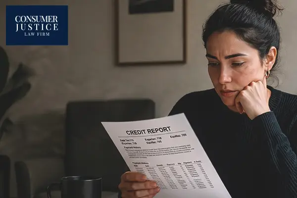 A woman reviews her credit report for someone else's account.