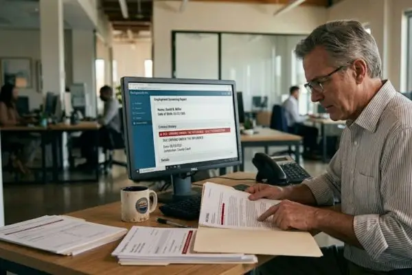 An HR manager reviews a background check on a monitor that reveals a DUI conviction.