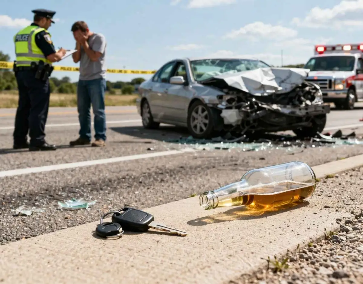 Car keys and a bottle on the roadside with a crashed vehicle and police investigating in the background.