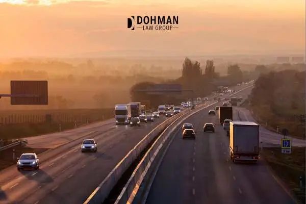 highway traffic with cars and trucks at sunset