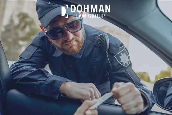 an officer looking at a license after pulling a driver over