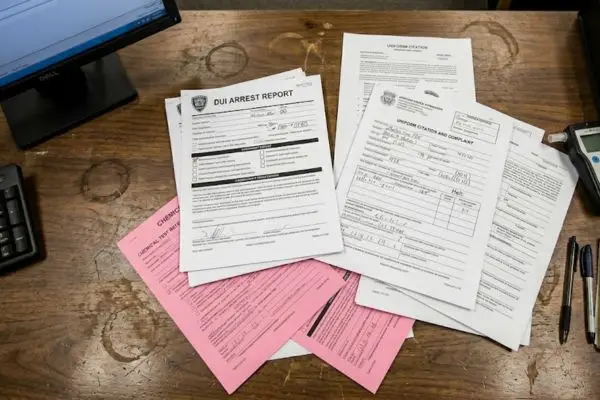 An overhead view of a police desk with DUI arrest paperwork, a breathalyzer, and office supplies.