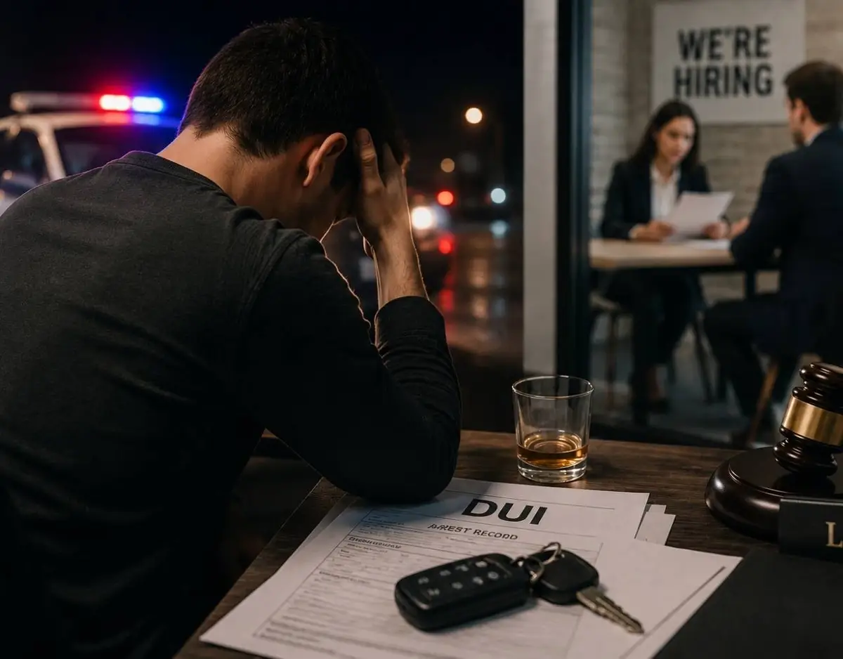 Man reviewing DUI paperwork while worrying about job opportunities.