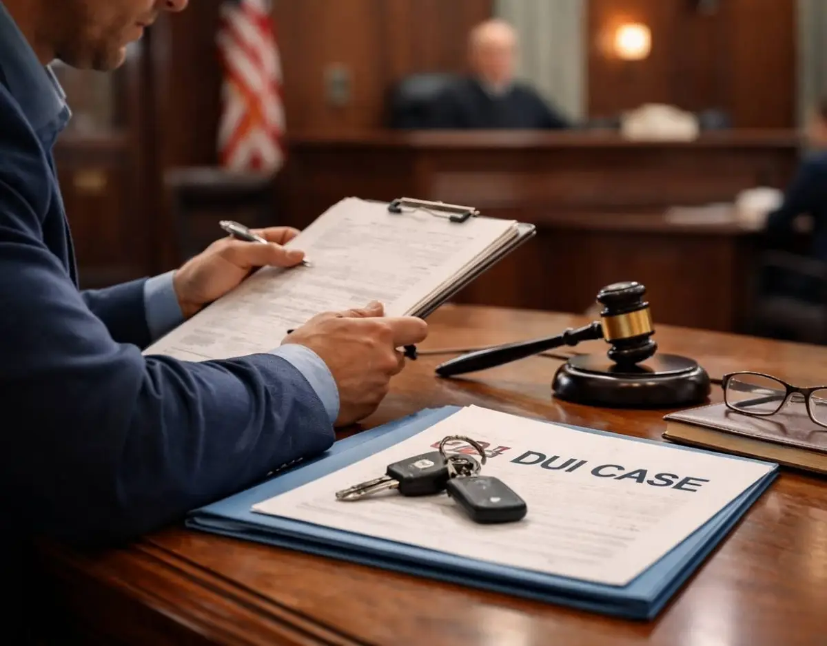 Man reviewing documents at a courtroom table with car keys and DUI case file nearby.