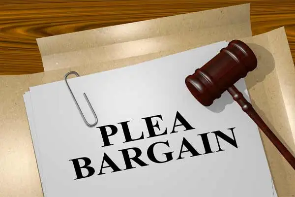 a paper labeled plea bargain with a gavel resting on top