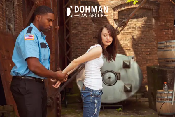 An officer placing handcuffs on a woman in an outdoor brick courtyard.