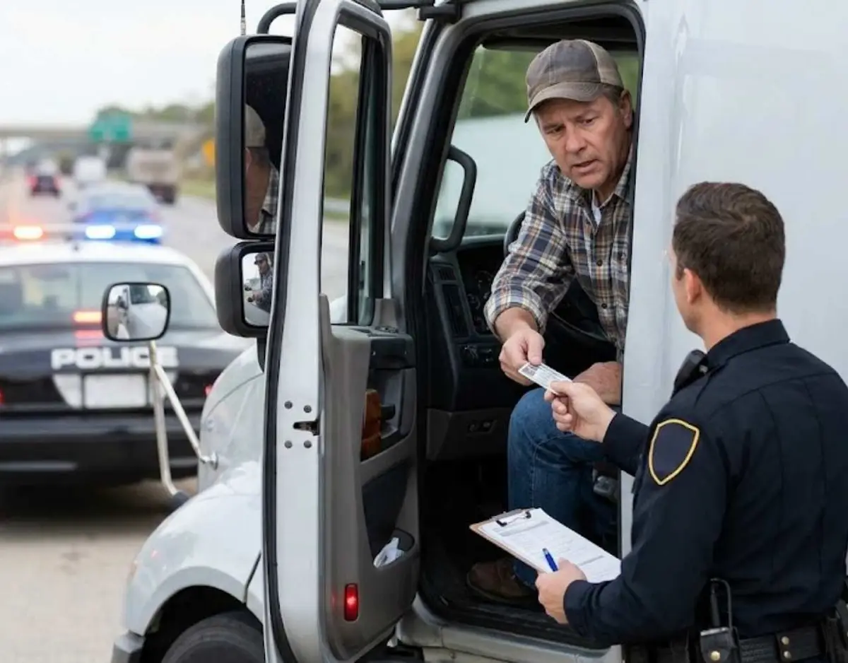 Police officer conducting a highway traffic stop on a semi-truck driver handing over his license.