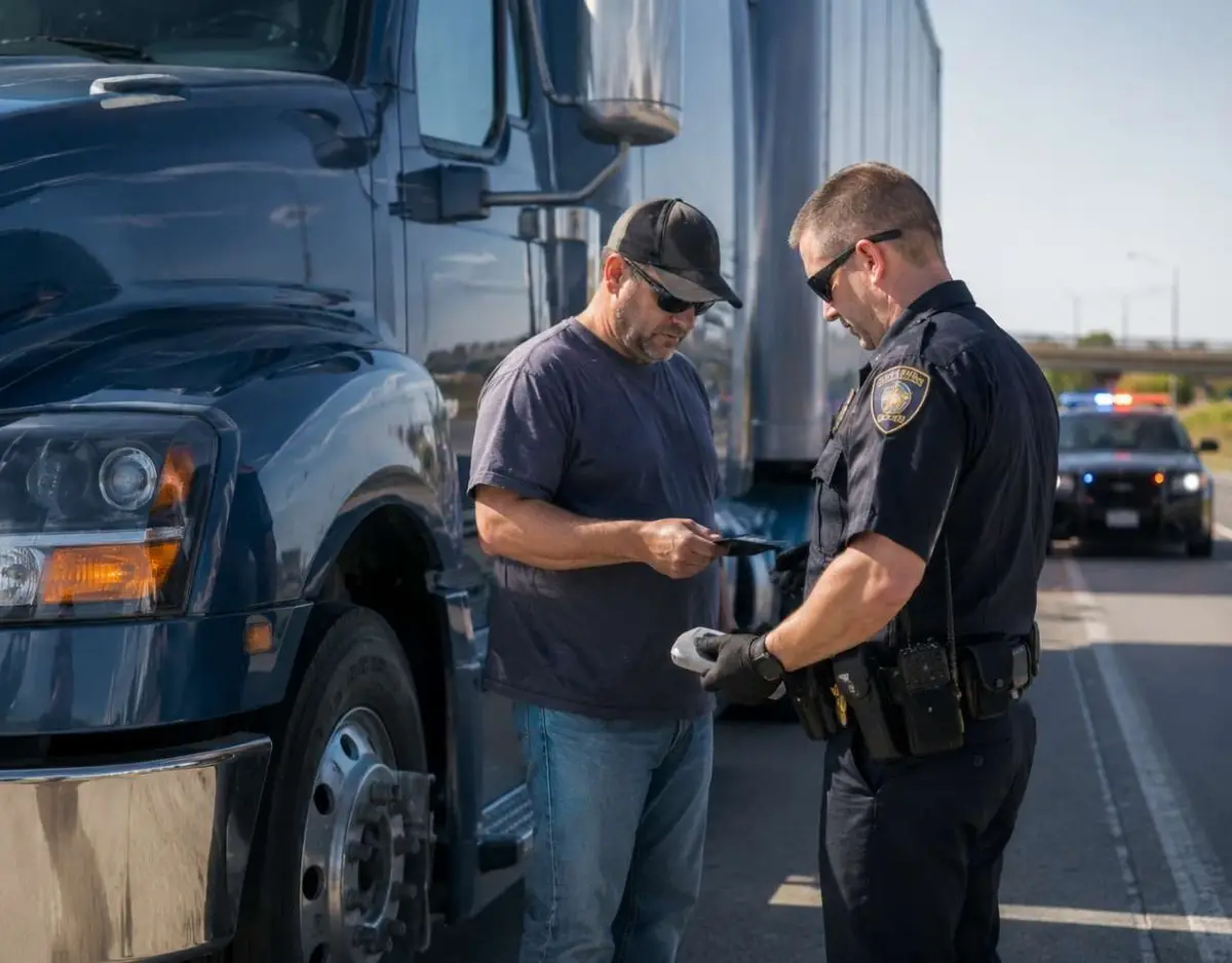 Illinois police officer speaking with a commercial truck driver during a roadside DUI stop.