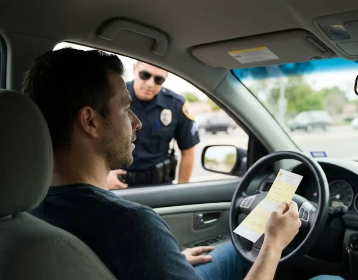 Driver holding a traffic ticket inside a car during a police stop.