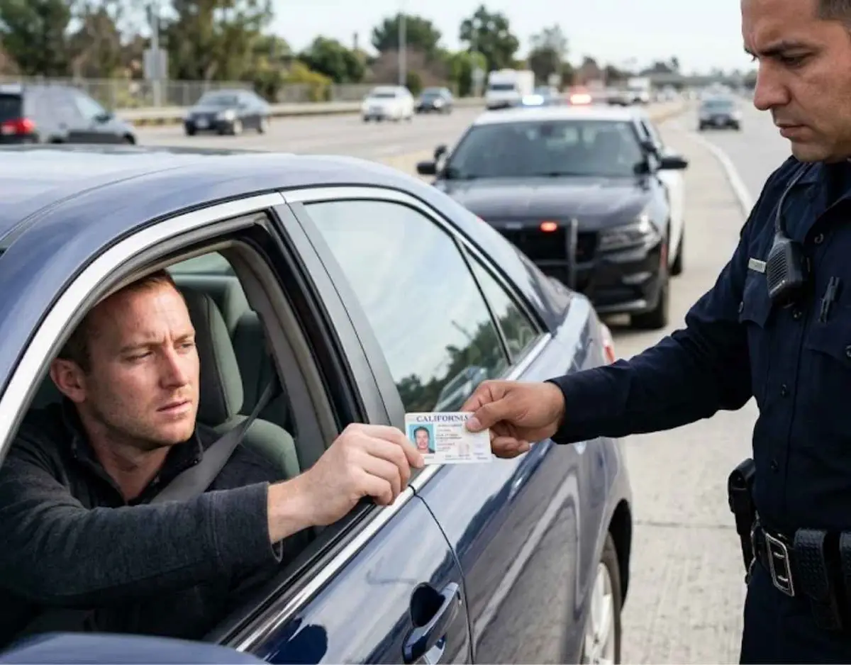 A law enforcement officer taking a driver's license from a concerned driver during a daytime traffic stop on a highway.