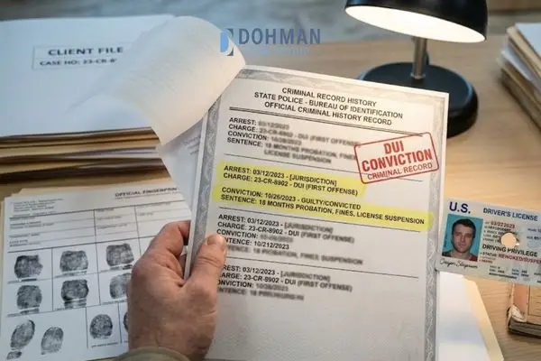 An official criminal history document highlighting a DUI conviction alongside a punched driver's license.