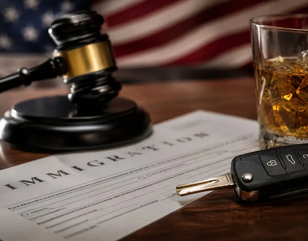 Judge's gavel, car keys, whiskey glass, and immigration paperwork symbolizing the immigration consequences of a DUI.