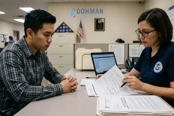 A man sitting across from an official going over paperwork during an immigration status review.