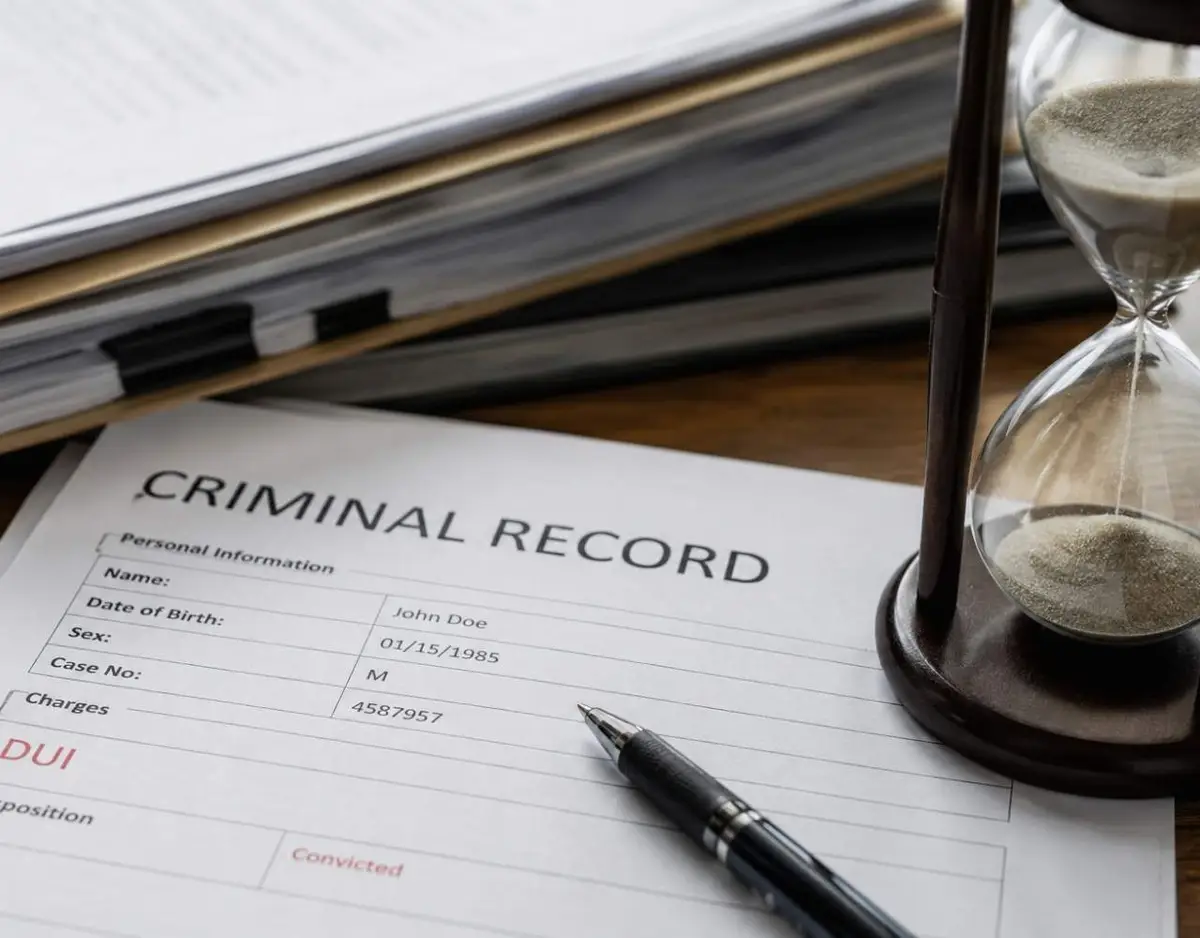 Criminal record with a DUI charge and hourglass representing time.