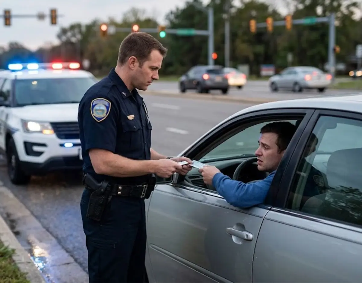 A police officer reviewing a driver's license during a roadside traffic stop.