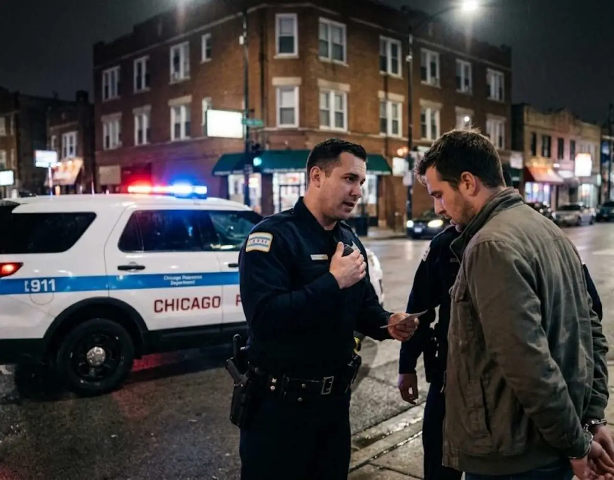 A Chicago police officer reading Miranda rights to a handcuffed driver during a nighttime DUI arrest.