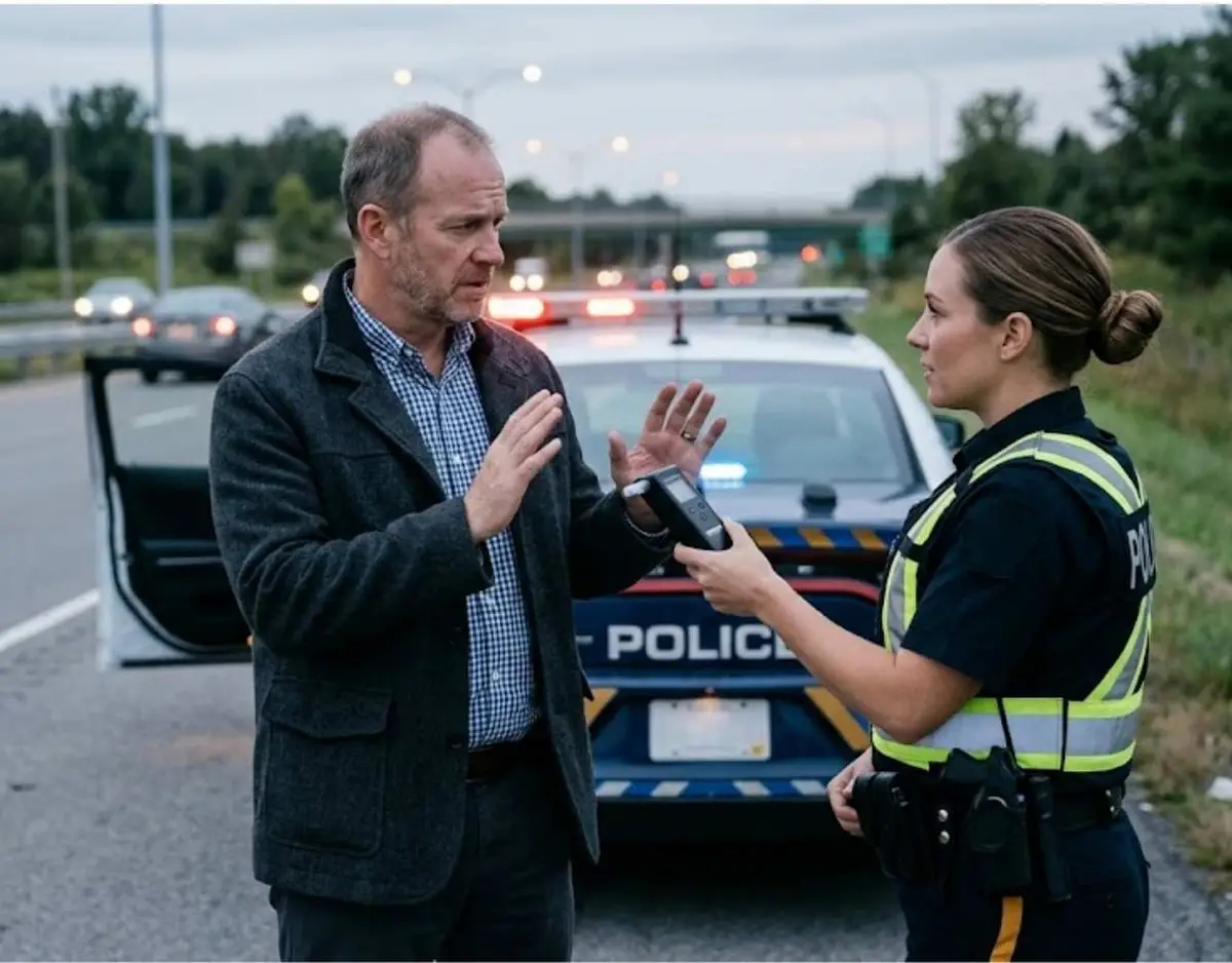 A driver holding up his hands to decline a police officer's breathalyzer test during a roadside stop.