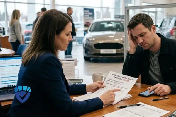 A man reacts to a loan rejection a finance manager in a car showroom