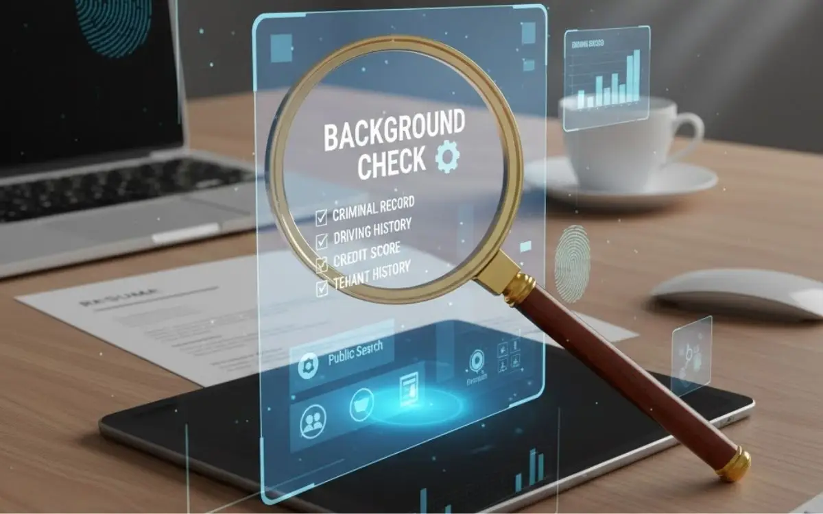 Magnifying glass over a digital interface displaying a "Background Check" list including criminal, driving, credit, and tenant history.