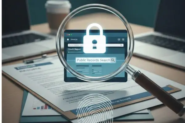 Magnifying glass over documents and a digital security interface, illustrating a background check.