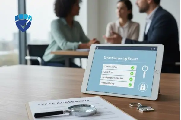 Tablet displaying a tenant screening report next to a lease agreement and house keys, with people talking in the blurred background.