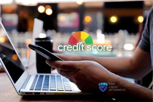 A person's hands holding a smartphone over an open laptop, with a credit score meter graphic