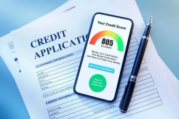 A smartphone displaying an excellent credit score of 805 resting on a paper credit application with a pen.